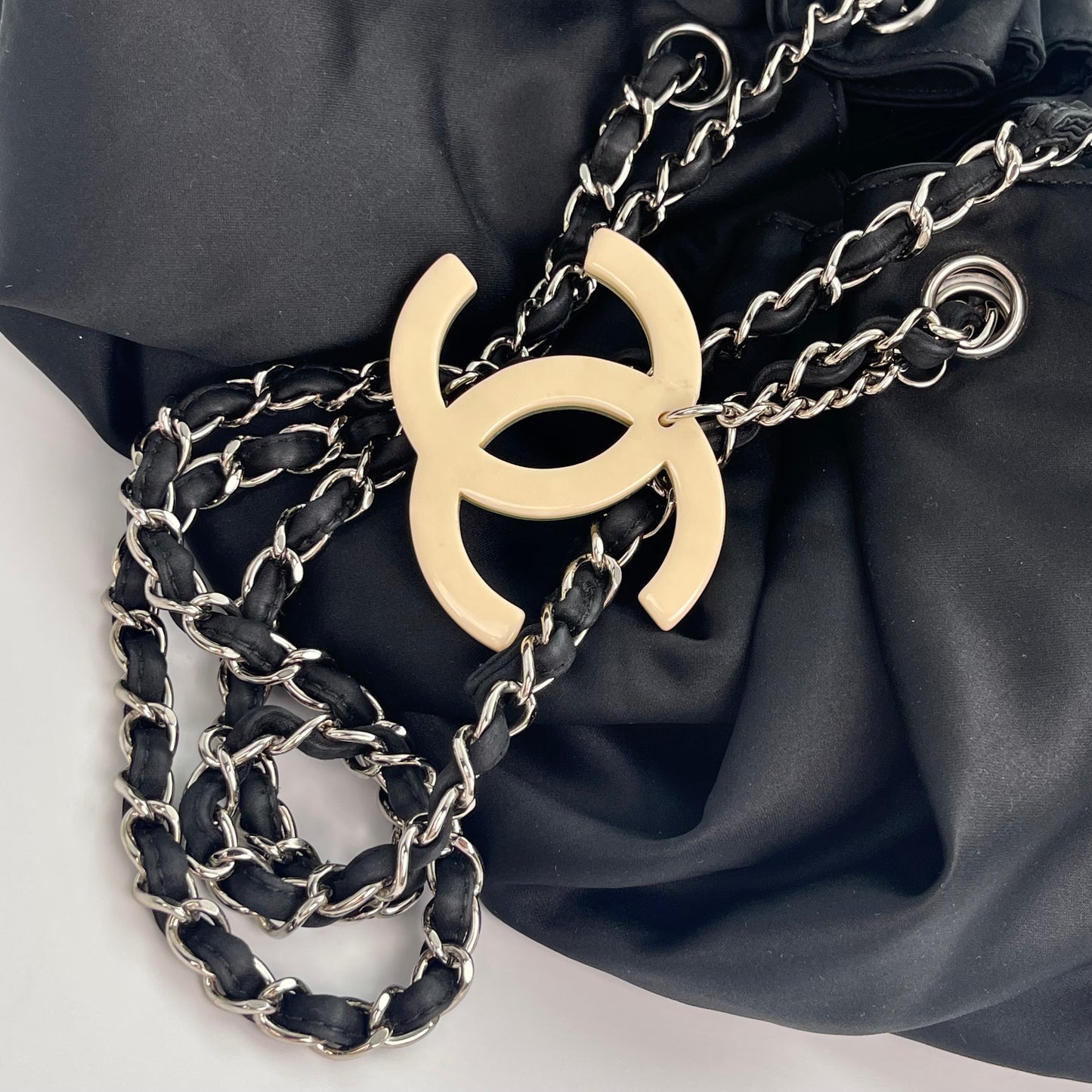 Chanel Melrose Cabas Tote Large Satin Drawstring Bag with Chain Detail [Used]