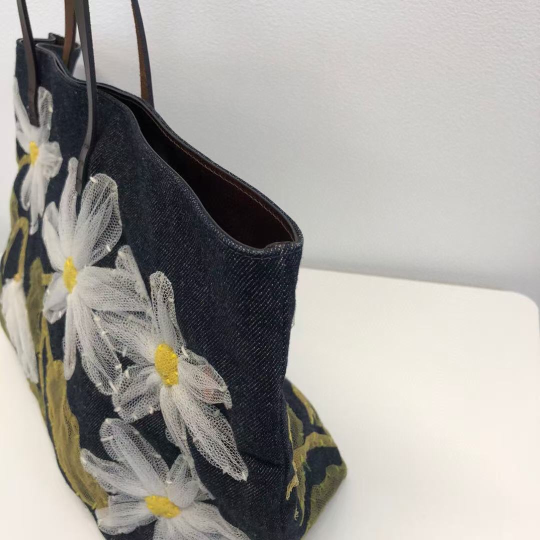 Fendi Floral Applique Denim Shopper Tote Bag[Used]