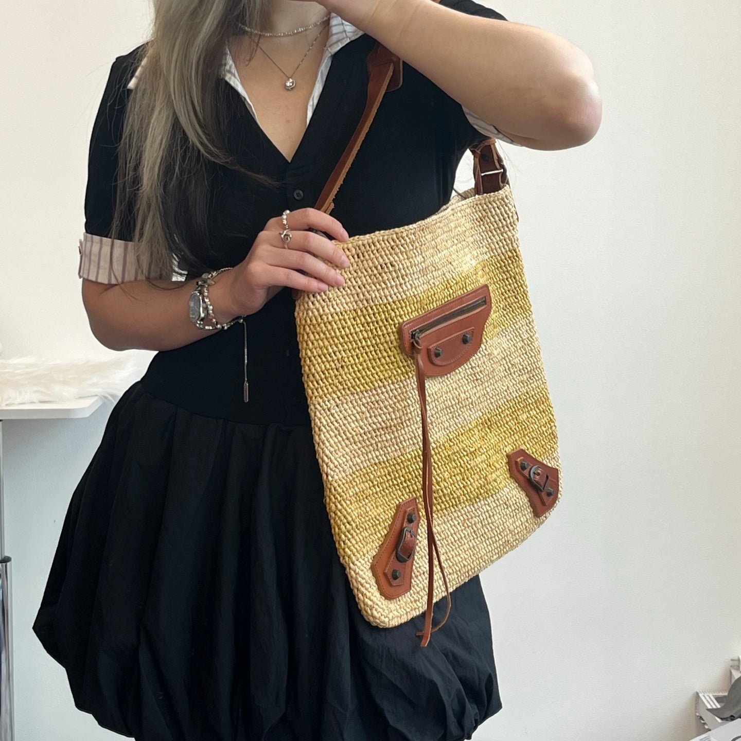 Balenciaga Motocycle Straw Leather Tote Bag [Used]