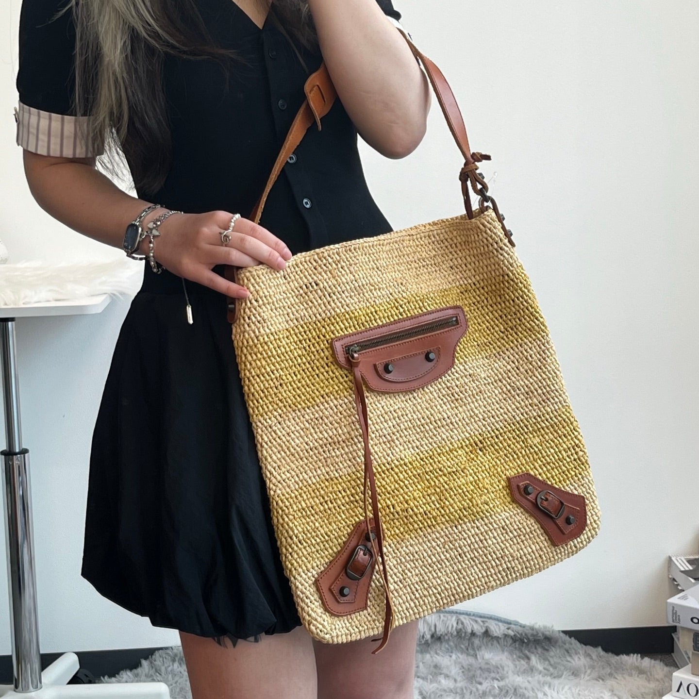 Balenciaga Motocycle Straw Leather Tote Bag [Used]