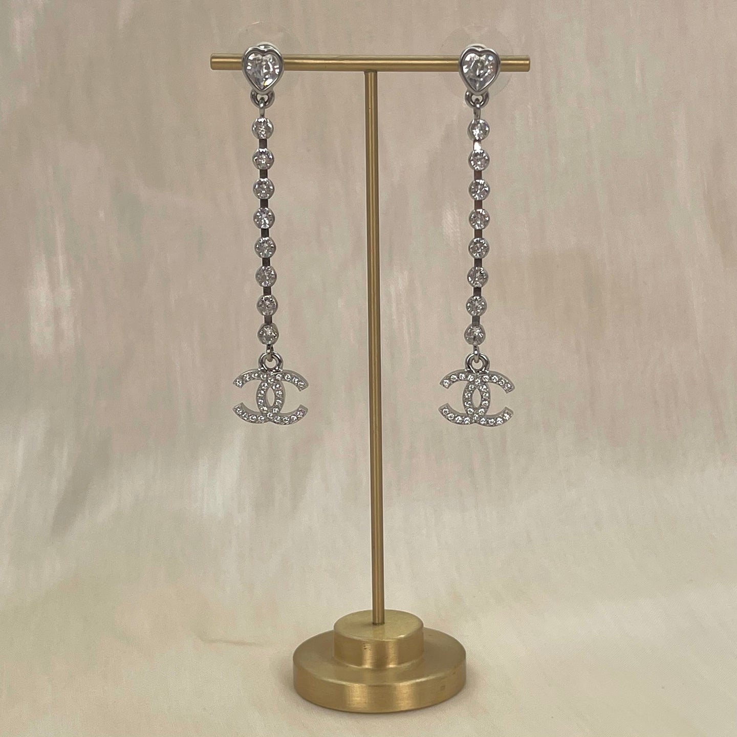 Chanel Heart Motif Rhinestone CC Drop Earrings [Used]