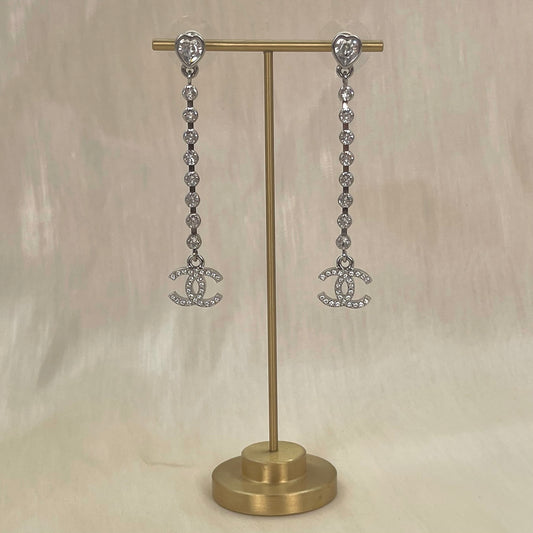 Chanel Heart Motif Rhinestone CC Drop Earrings [Used]