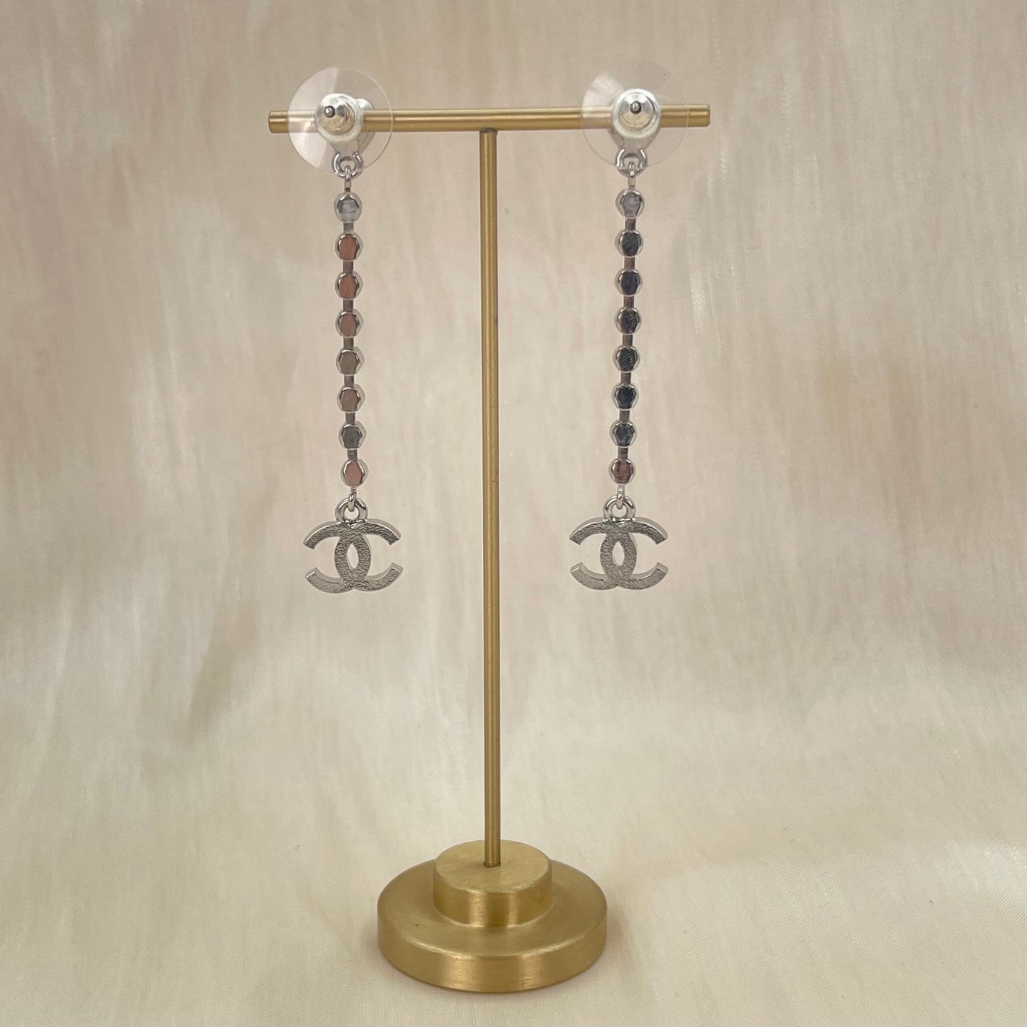 Chanel Heart Motif Rhinestone CC Drop Earrings [Used]