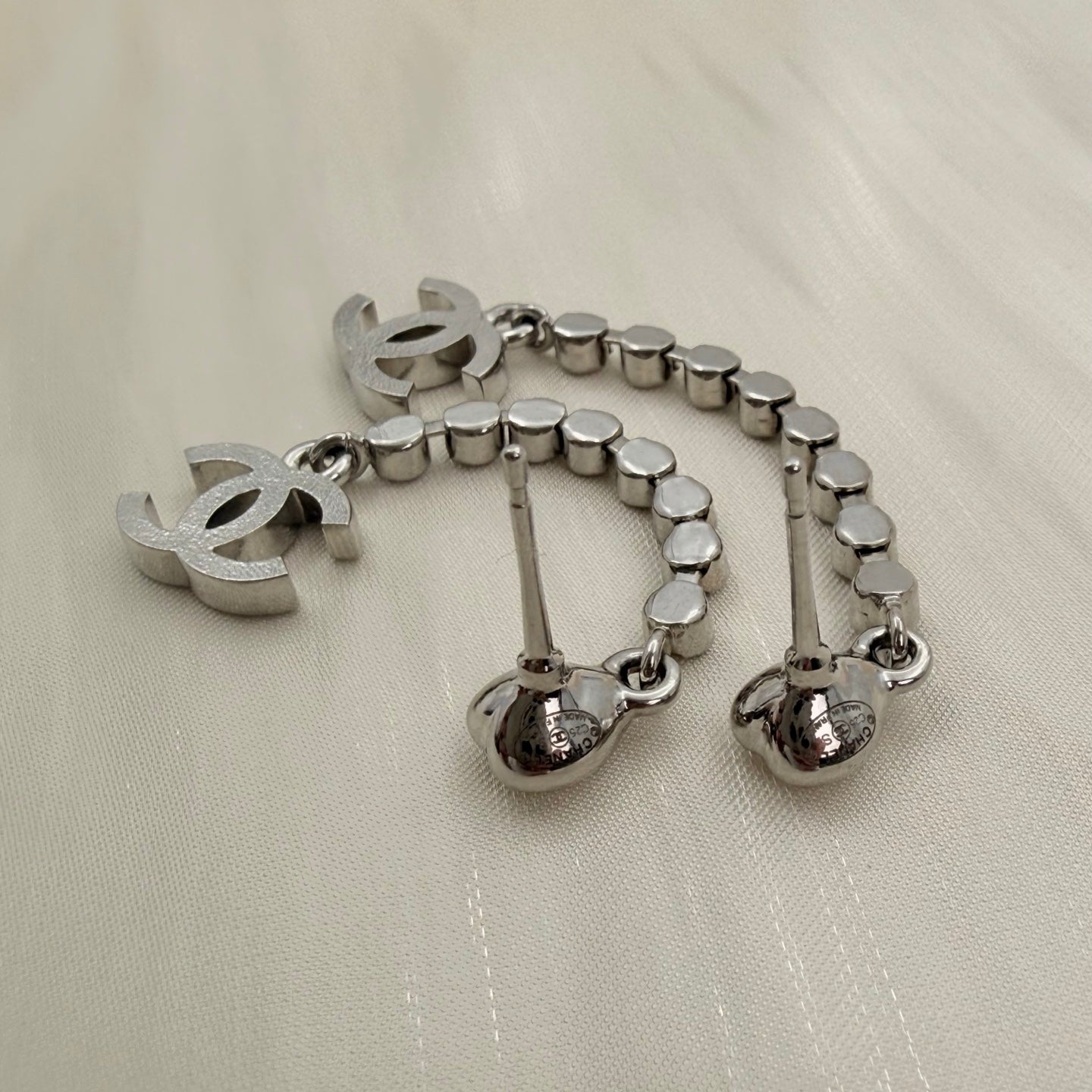 Chanel Heart Motif Rhinestone CC Drop Earrings [Used]