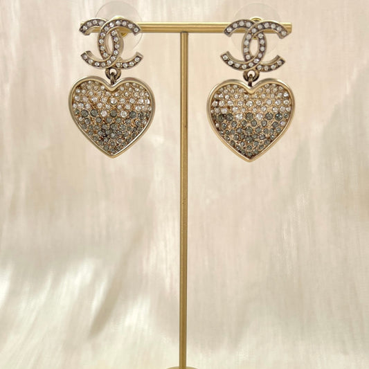 Chanel CC Logo Heart Pendant Gradient Rhinestone Earrings [Used]