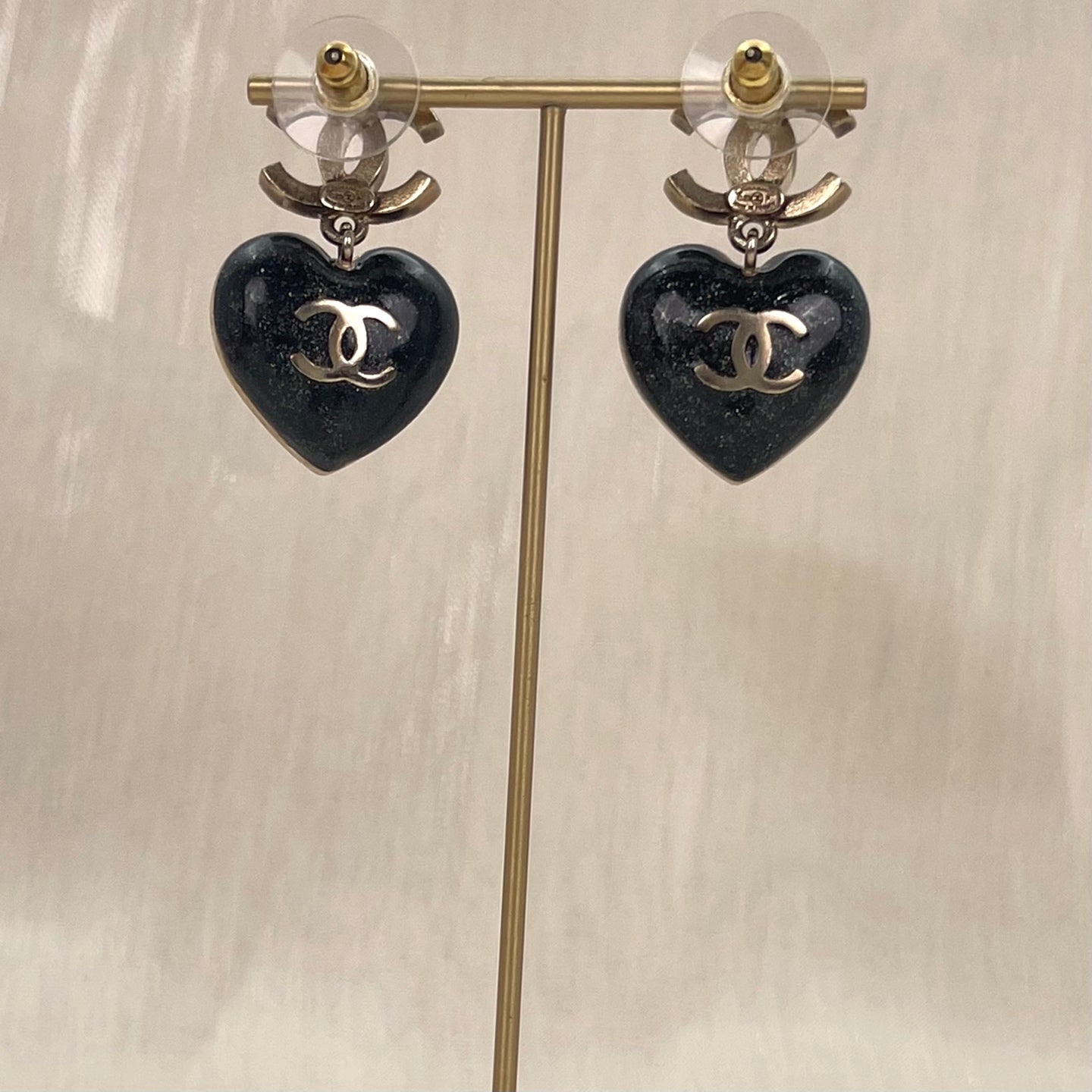 Chanel CC Logo Heart Pendant Gradient Rhinestone Earrings [Used]