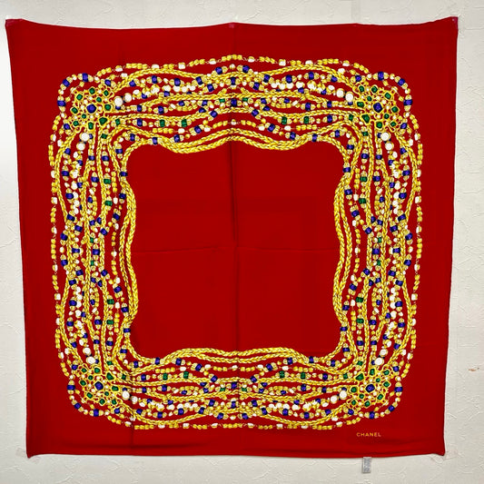 Chanel Vintage Bright Red Glass Jewel Chain Silk Scarf [Used]