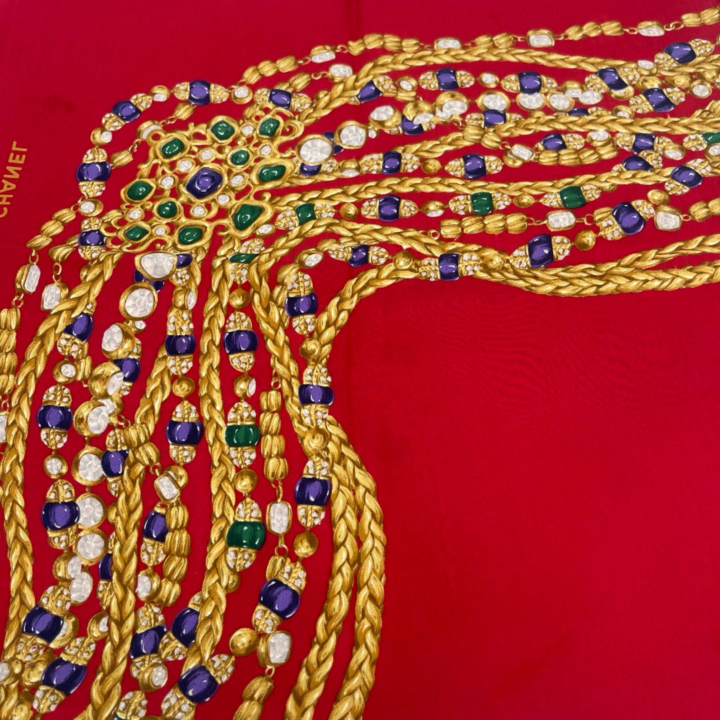 Chanel Vintage Bright Red Glass Jewel Chain Silk Scarf [Used]