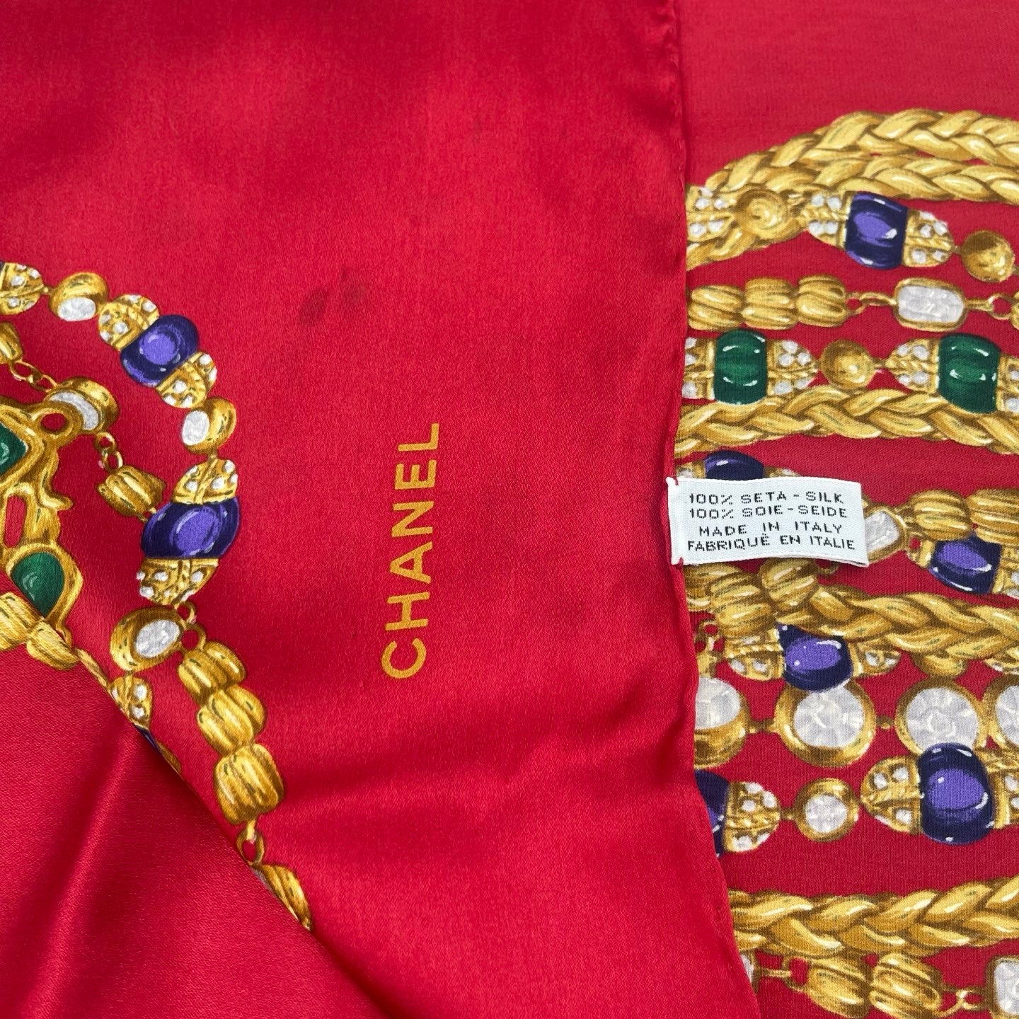 Chanel Vintage Bright Red Glass Jewel Chain Silk Scarf [Used]