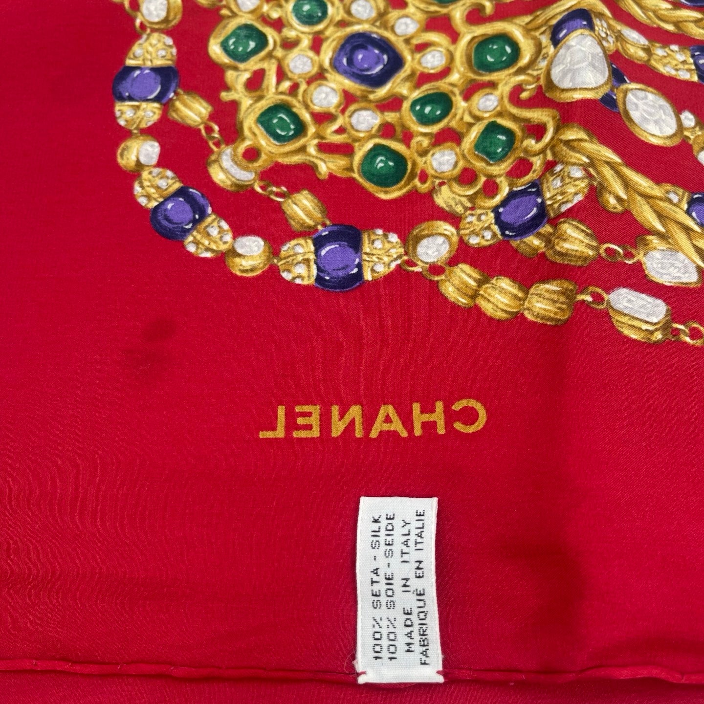 Chanel Vintage Bright Red Glass Jewel Chain Silk Scarf [Used]