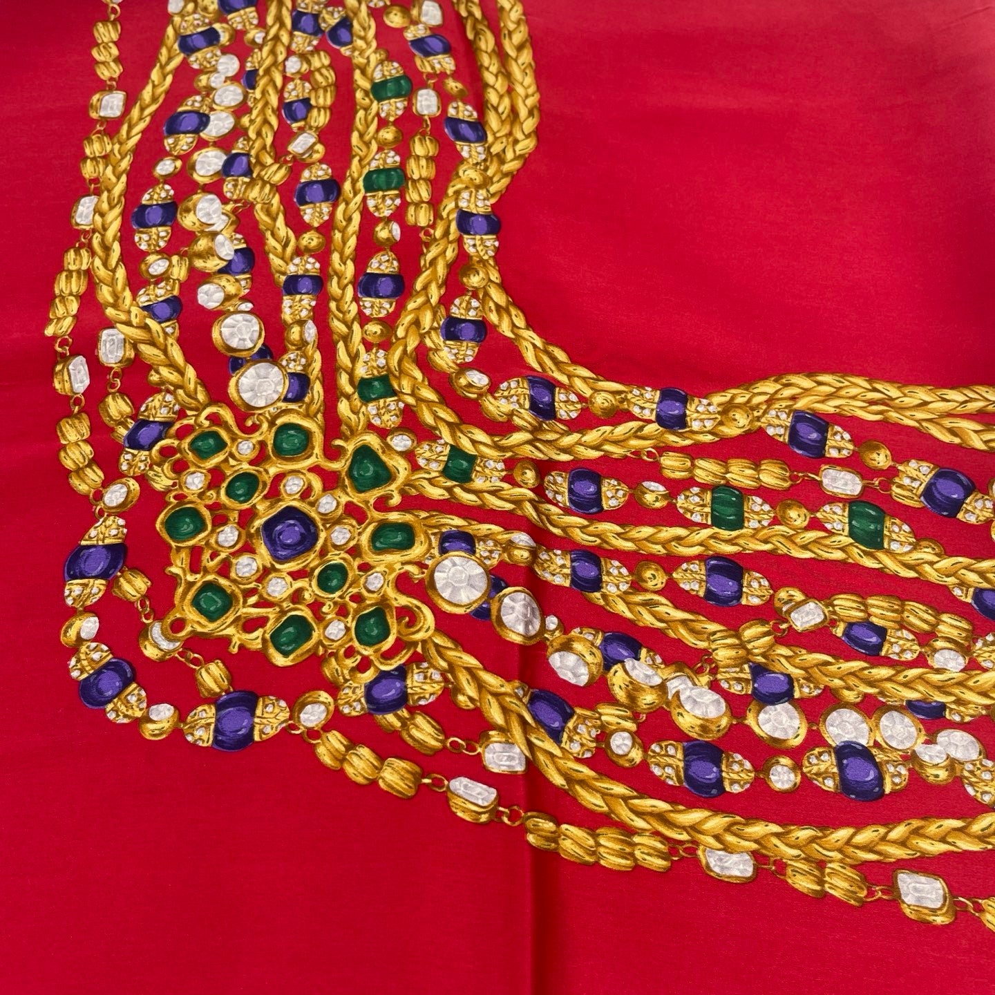 Chanel Vintage Bright Red Glass Jewel Chain Silk Scarf [Used]