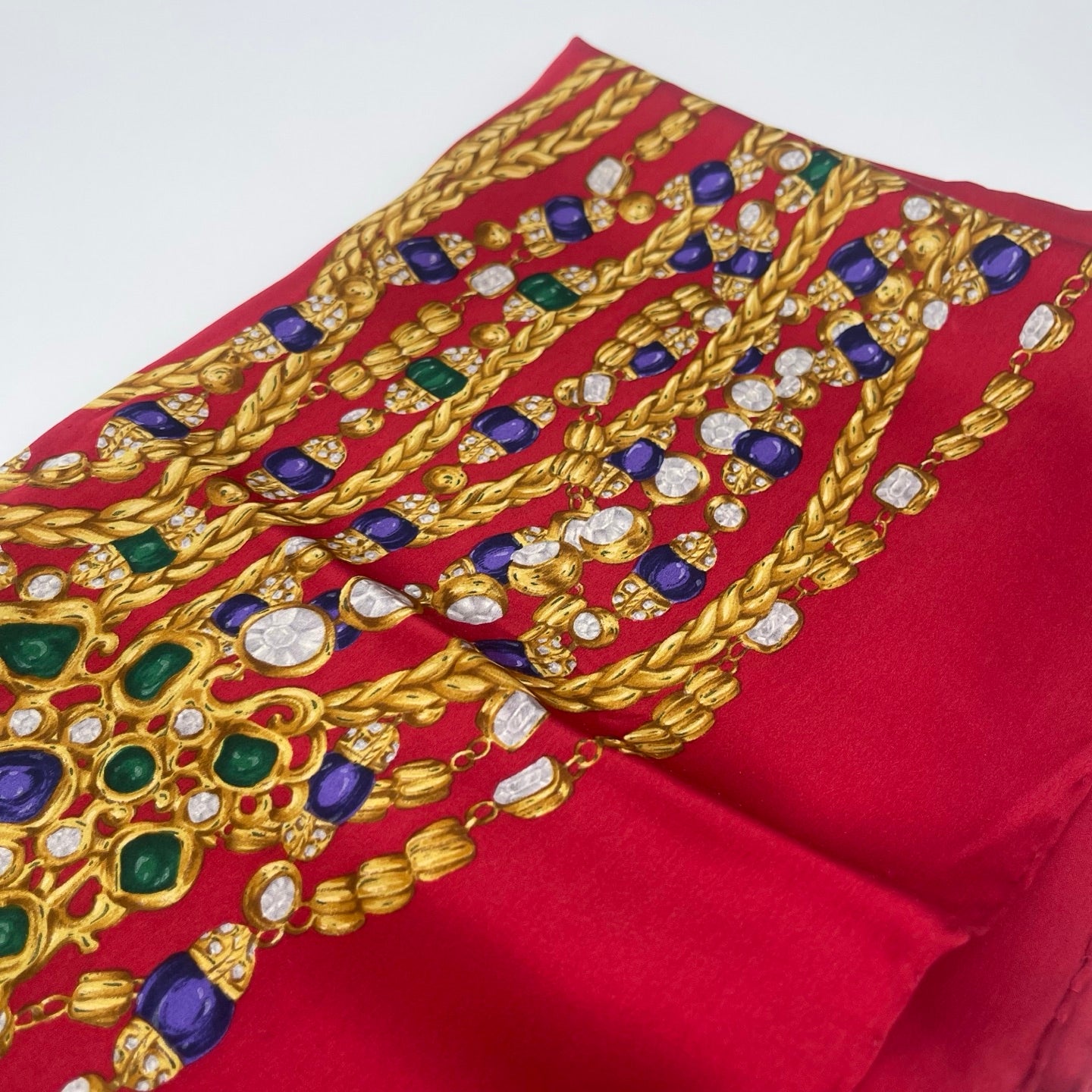 Chanel Vintage Bright Red Glass Jewel Chain Silk Scarf [Used]