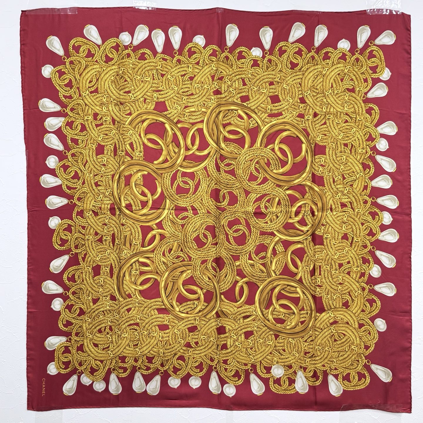 Chanel Vintage Red Pearl & Twisted Gold CC Silk Scarf [Used]
