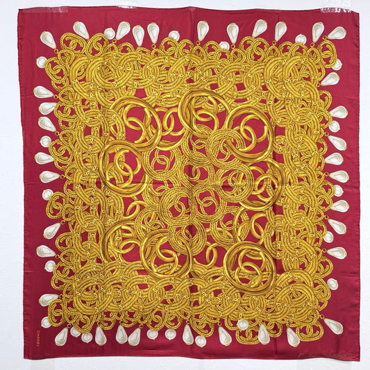 Chanel Vintage Red Pearl & Twisted Gold CC Silk Scarf [Used]