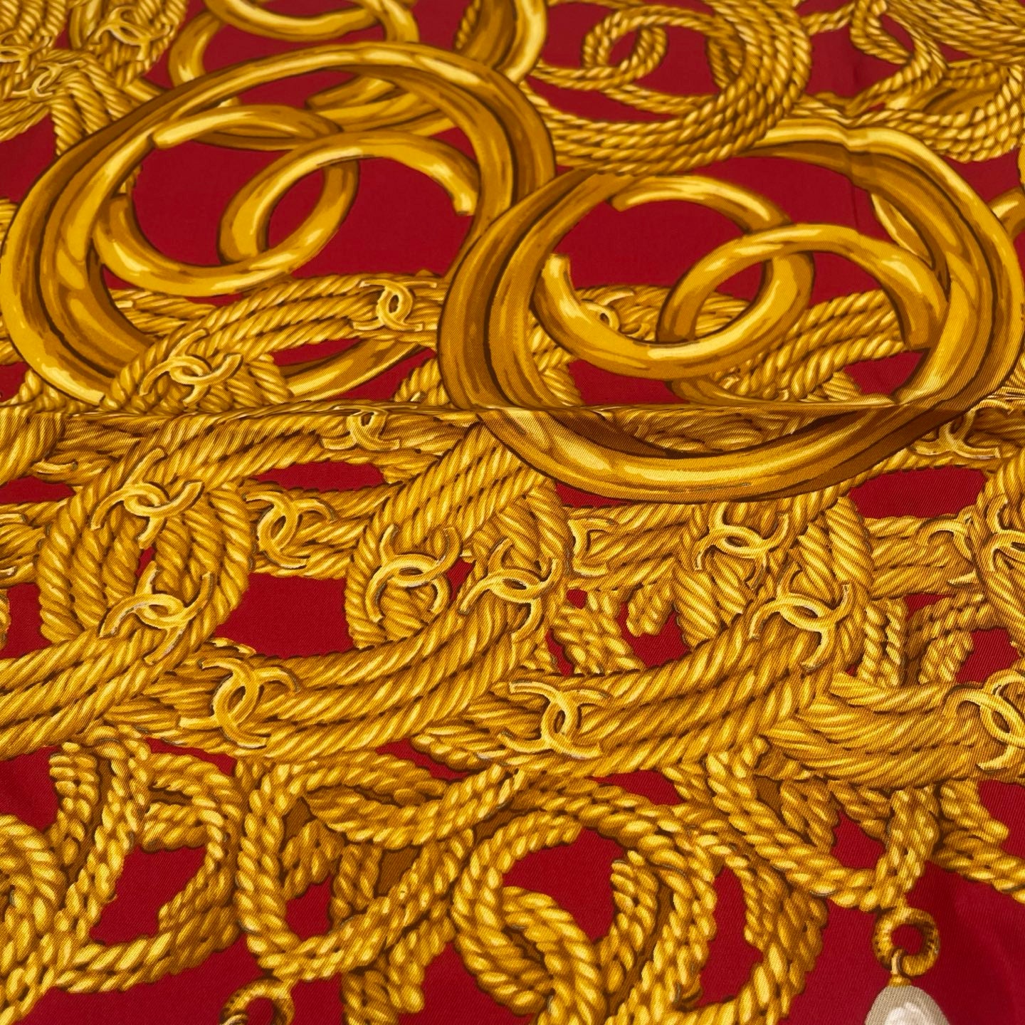 Chanel Vintage Red Pearl & Twisted Gold CC Silk Scarf [Used]