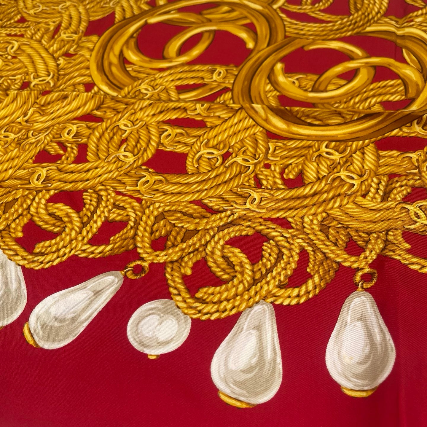 Chanel Vintage Red Pearl & Twisted Gold CC Silk Scarf [Used]