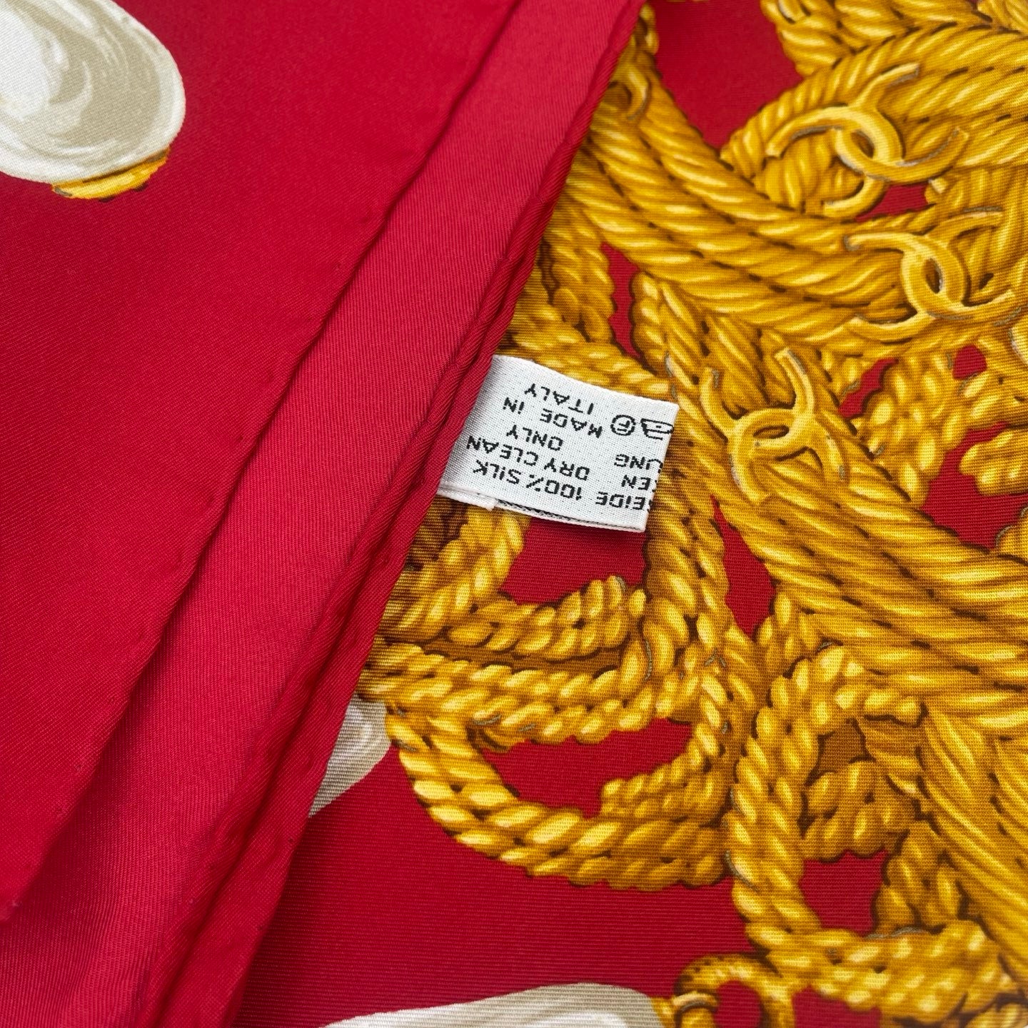 Chanel Vintage Red Pearl & Twisted Gold CC Silk Scarf [Used]