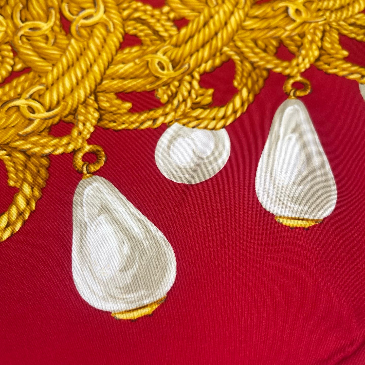 Chanel Vintage Red Pearl & Twisted Gold CC Silk Scarf [Used]