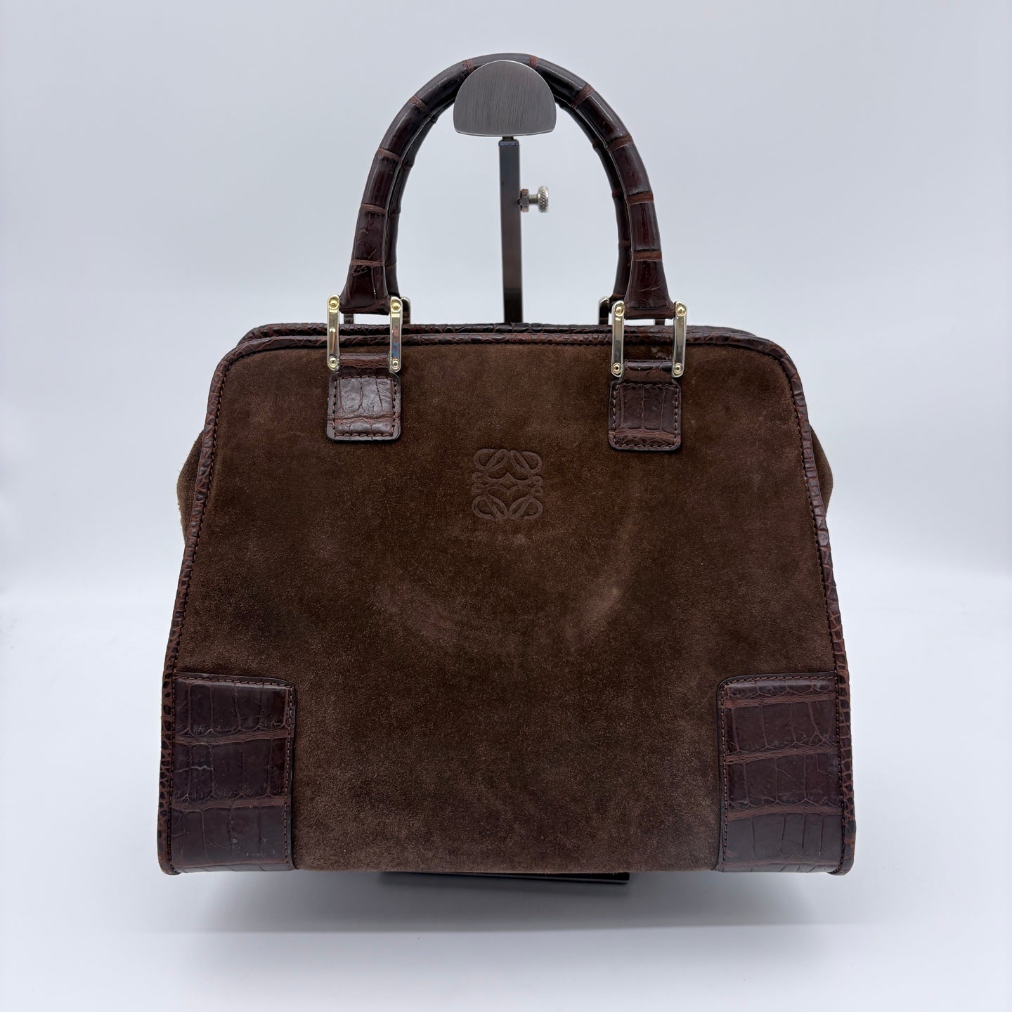 Loewe Amazona Mocha Brown Suede Croc-Embossed Leather Box Bag [Used]