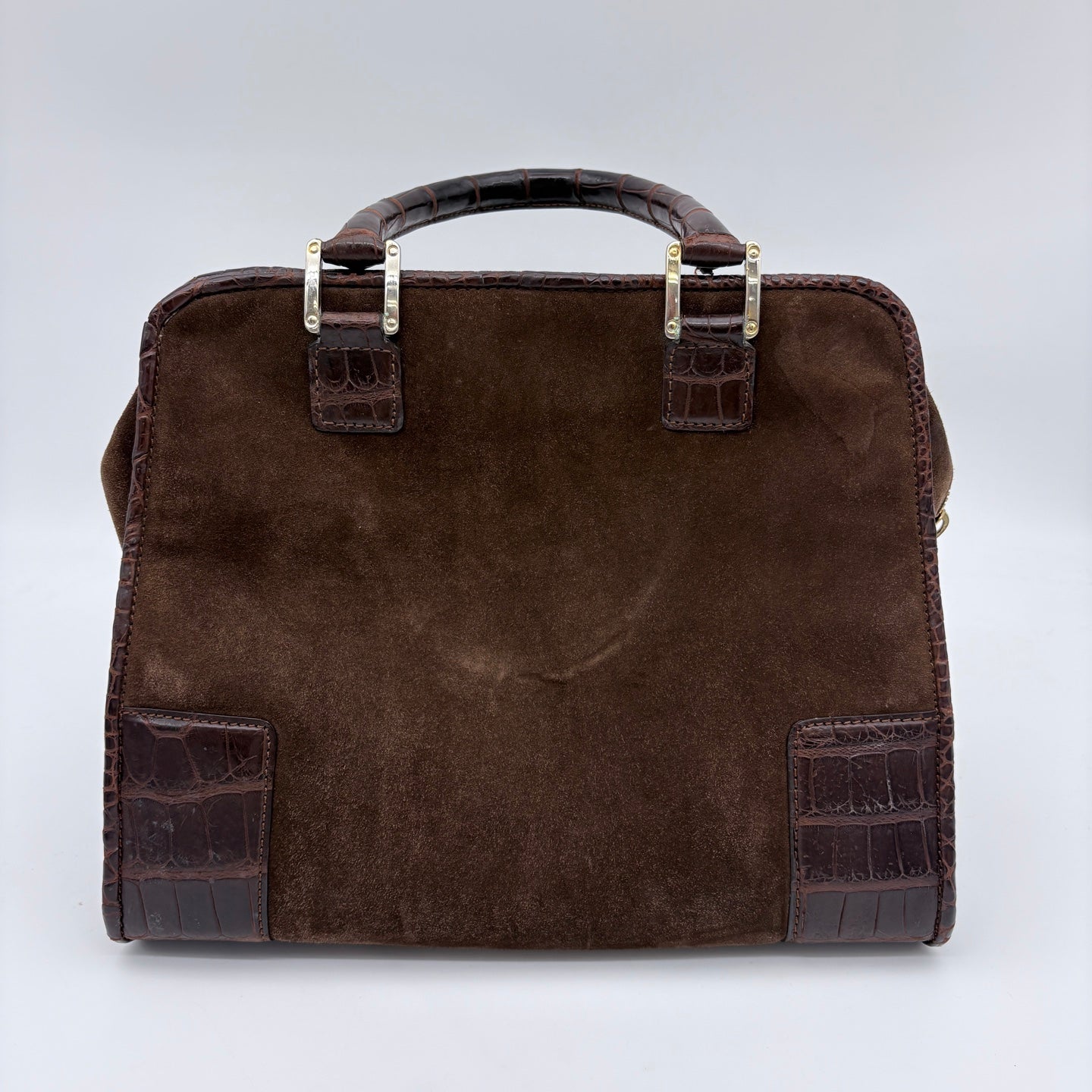 Loewe Amazona Mocha Brown Suede Croc-Embossed Leather Box Bag [Used]