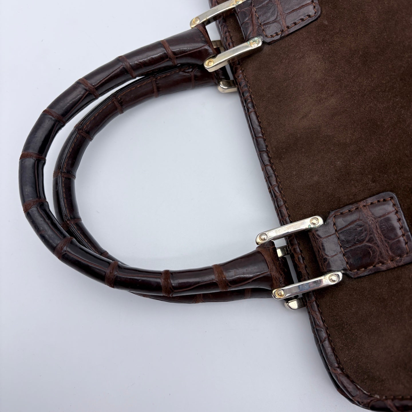 Loewe Amazona Mocha Brown Suede Croc-Embossed Leather Box Bag [Used]