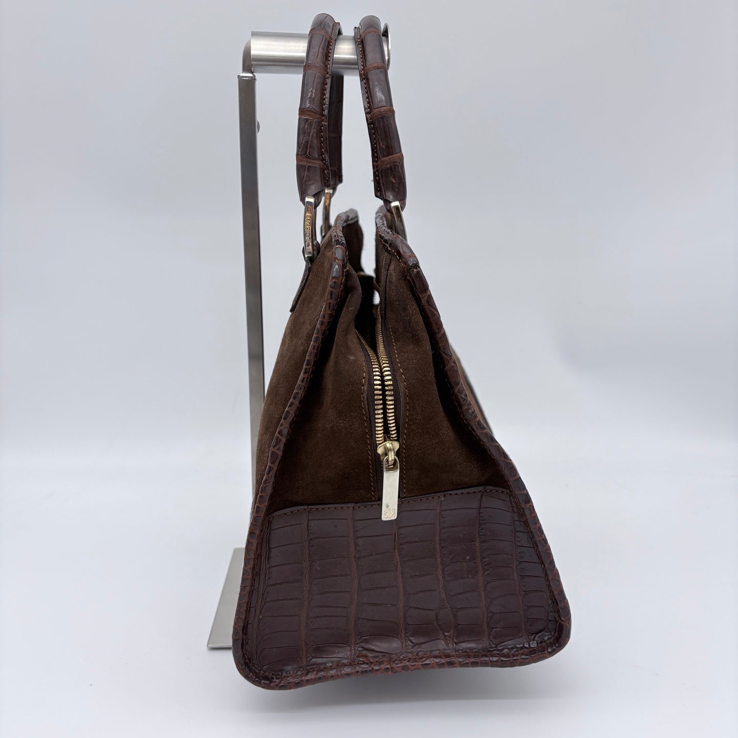 Loewe Amazona Mocha Brown Suede Croc-Embossed Leather Box Bag [Used]