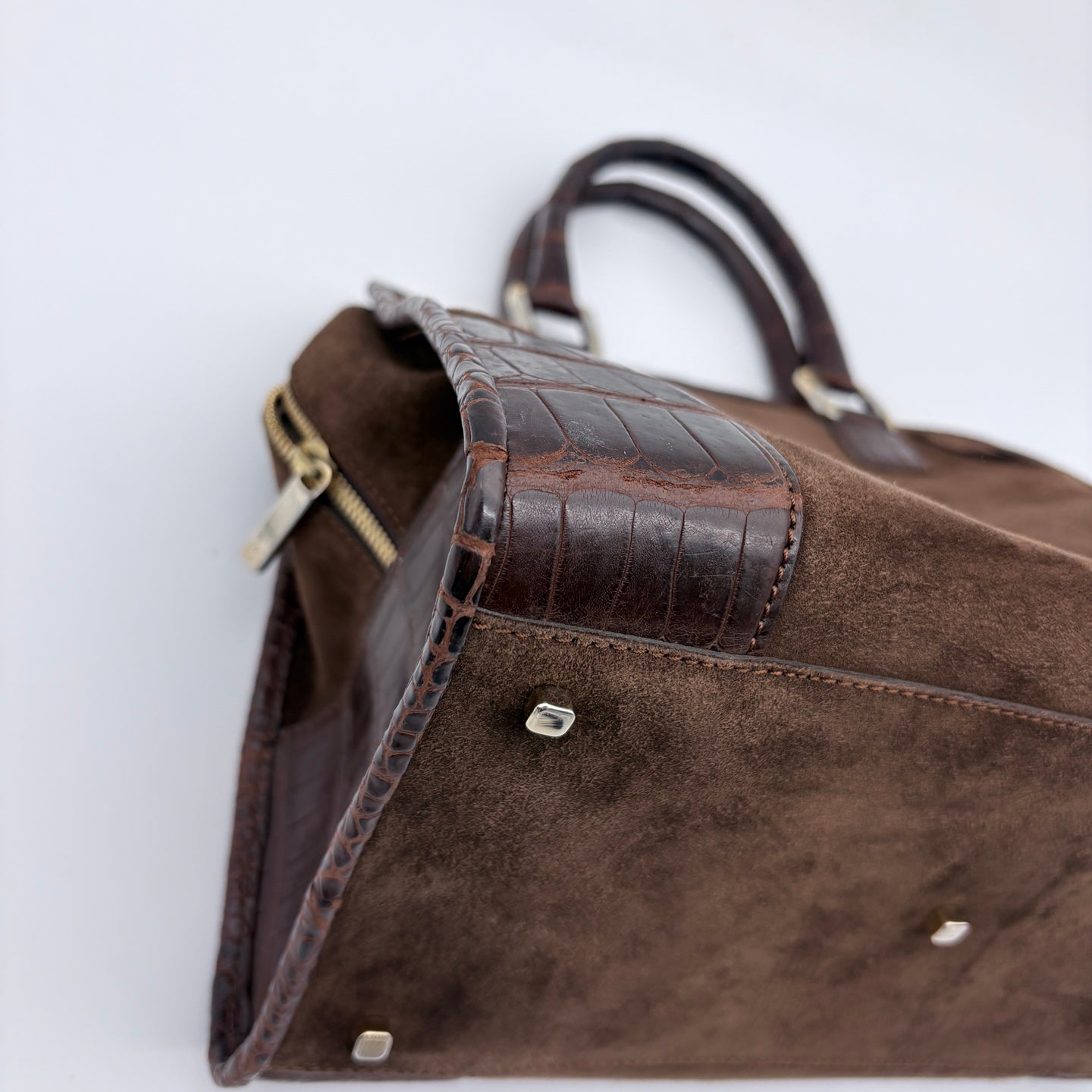 Loewe Amazona Mocha Brown Suede Croc-Embossed Leather Box Bag [Used]