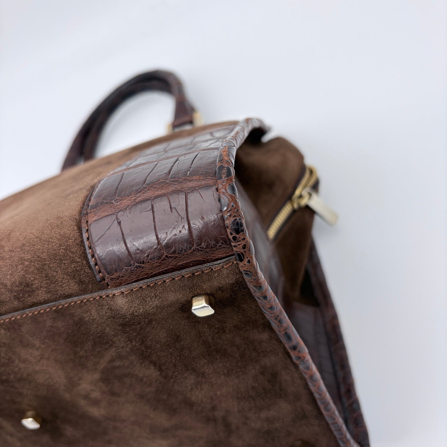 Loewe Amazona Mocha Brown Suede Croc-Embossed Leather Box Bag [Used]