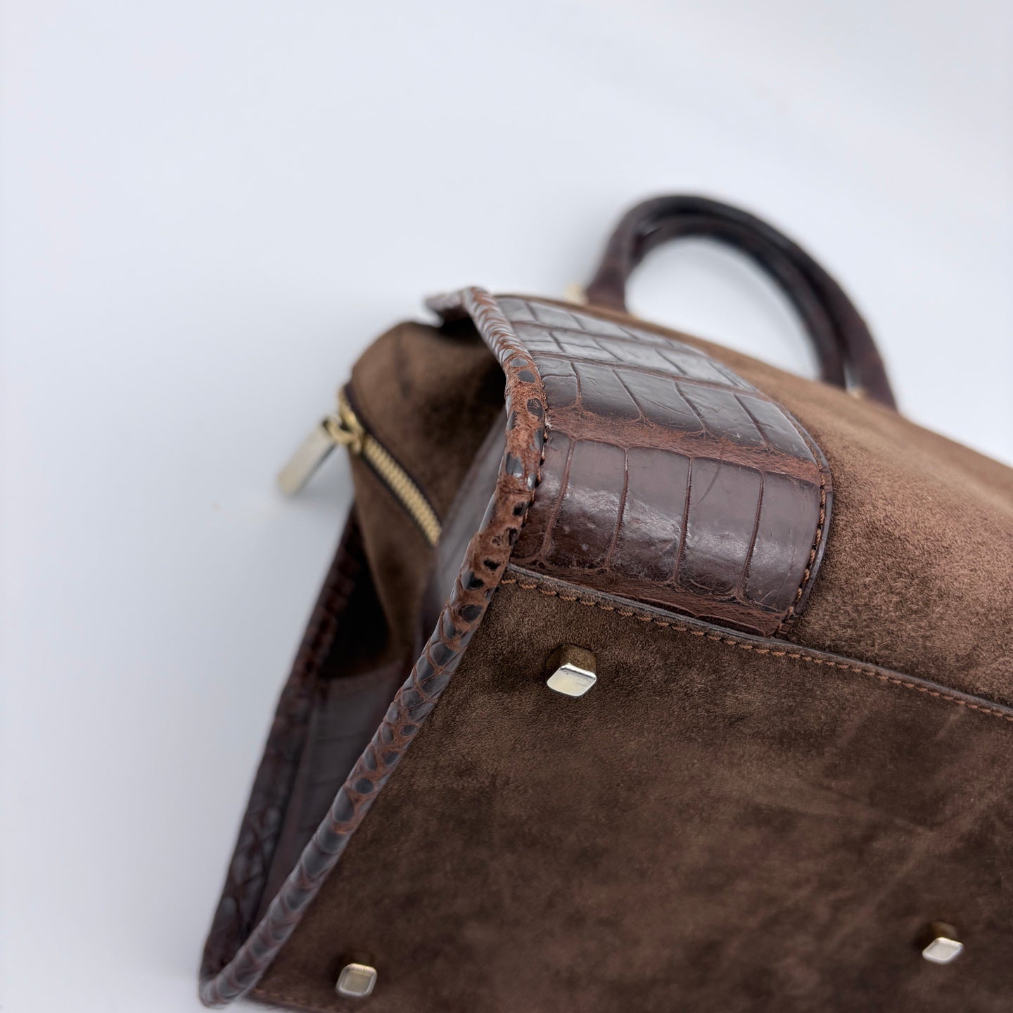 Loewe Amazona Mocha Brown Suede Croc-Embossed Leather Box Bag [Used]