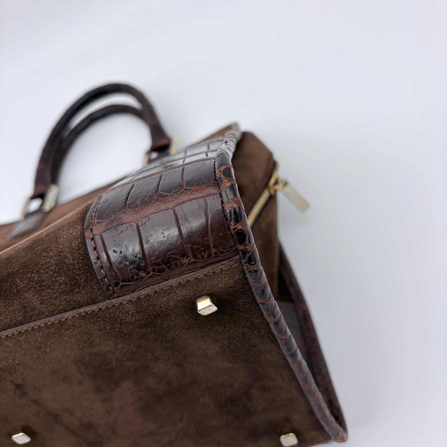 Loewe Amazona Mocha Brown Suede Croc-Embossed Leather Box Bag [Used]