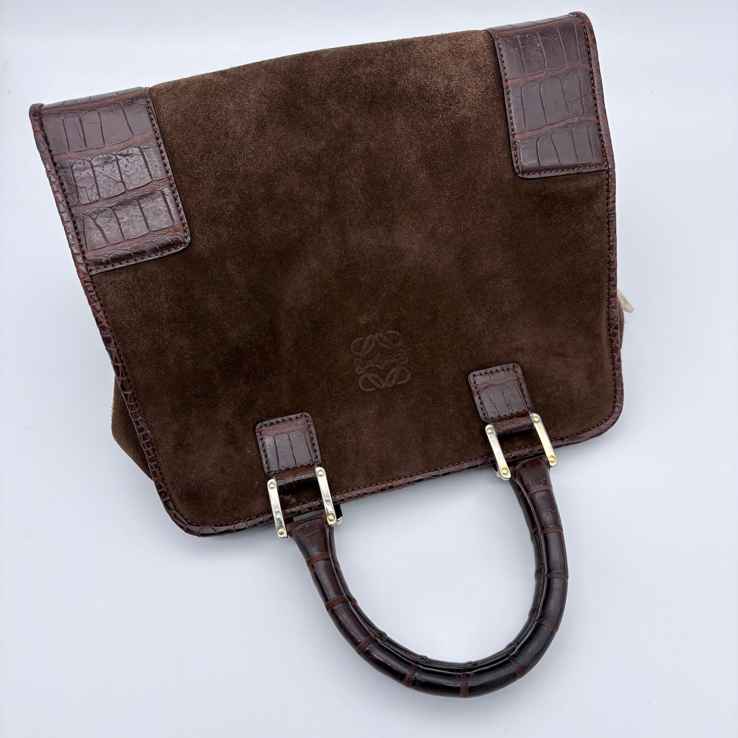 Loewe Amazona Mocha Brown Suede Croc-Embossed Leather Box Bag [Used]