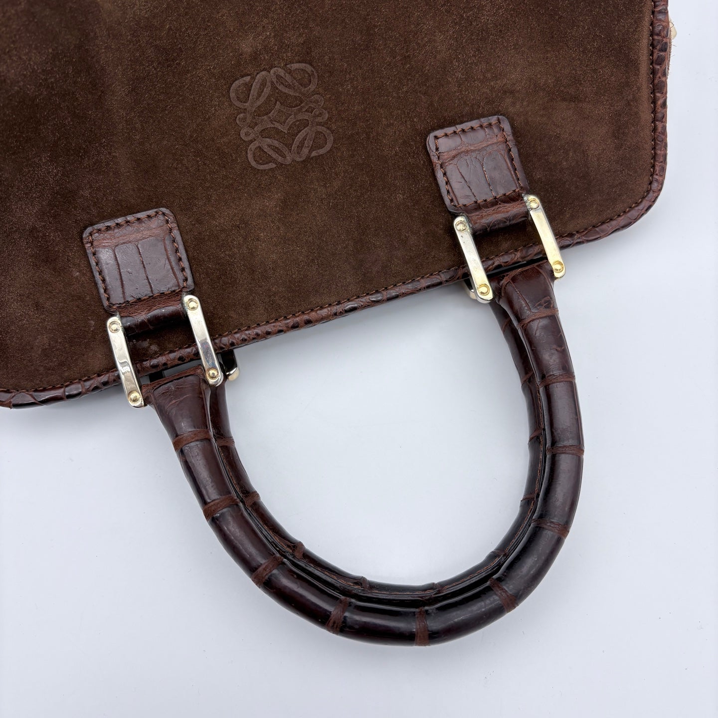 Loewe Amazona Mocha Brown Suede Croc-Embossed Leather Box Bag [Used]