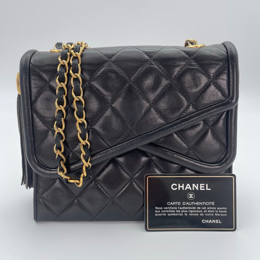 Chanel Vintage Black Lambskin Tassel Asymmetrical Double Flap Bag [Used]