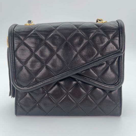 Chanel Vintage Black Lambskin Tassel Asymmetrical Double Flap Bag [Used]
