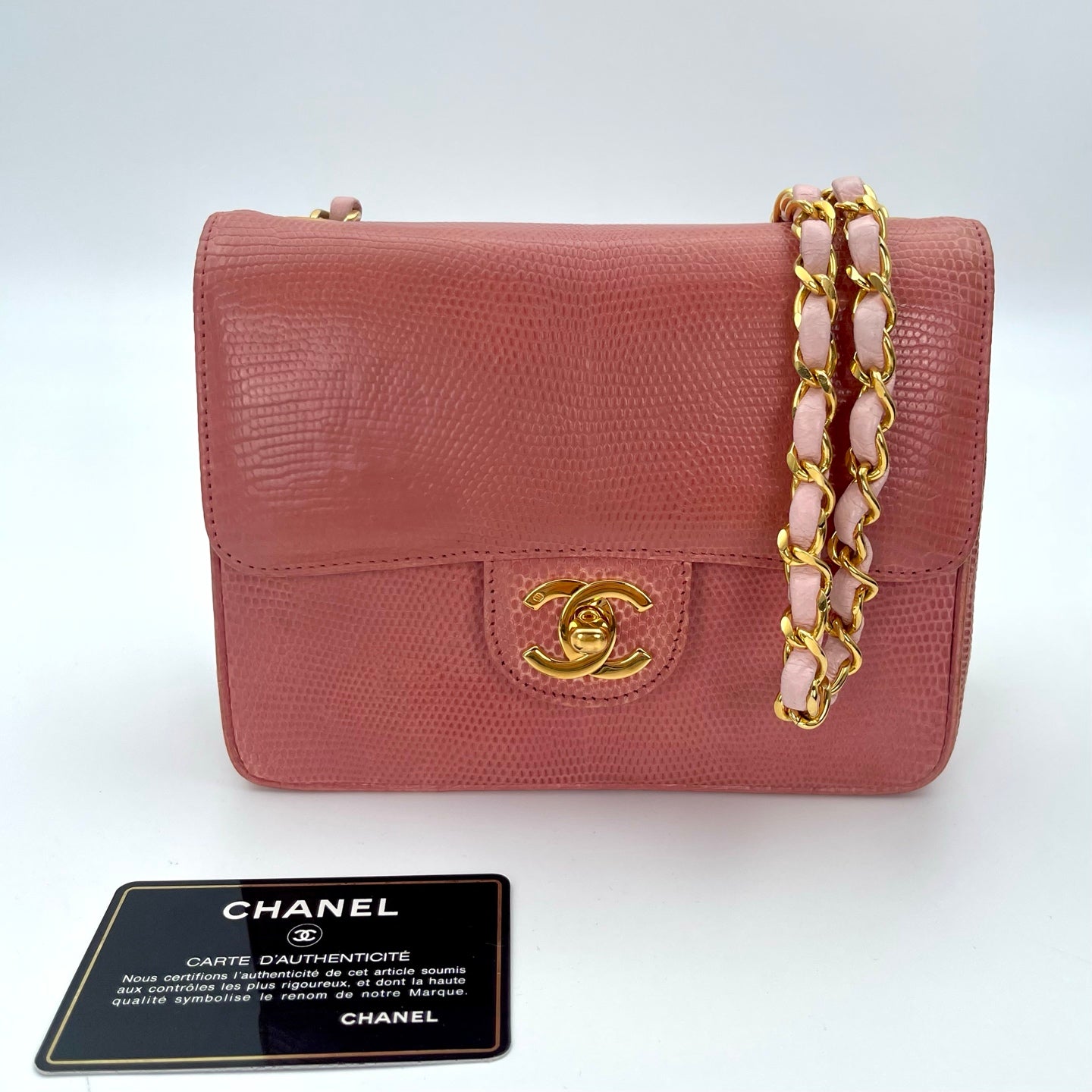 Chanel Vintage Salmon Pink Lizard Leather Square Mini Flap Bag [Used]