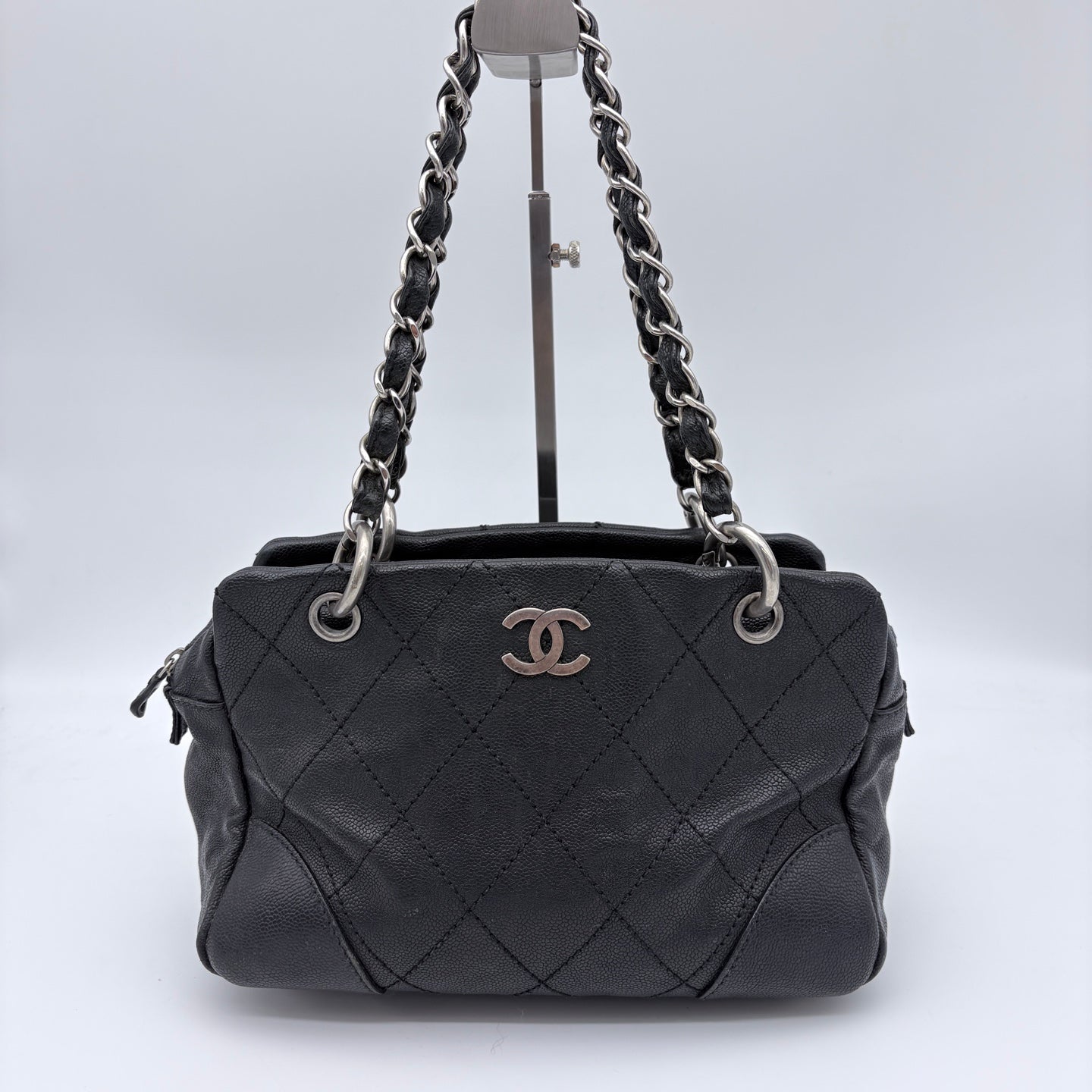 Chanel Quilted Boston Chain Bag Black Cowhide Leather Silver Hardware [Used]
