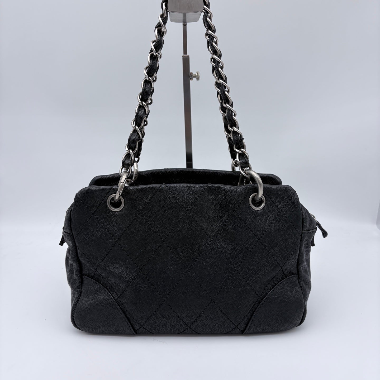 Chanel Quilted Boston Chain Bag Black Cowhide Leather Silver Hardware [Used]