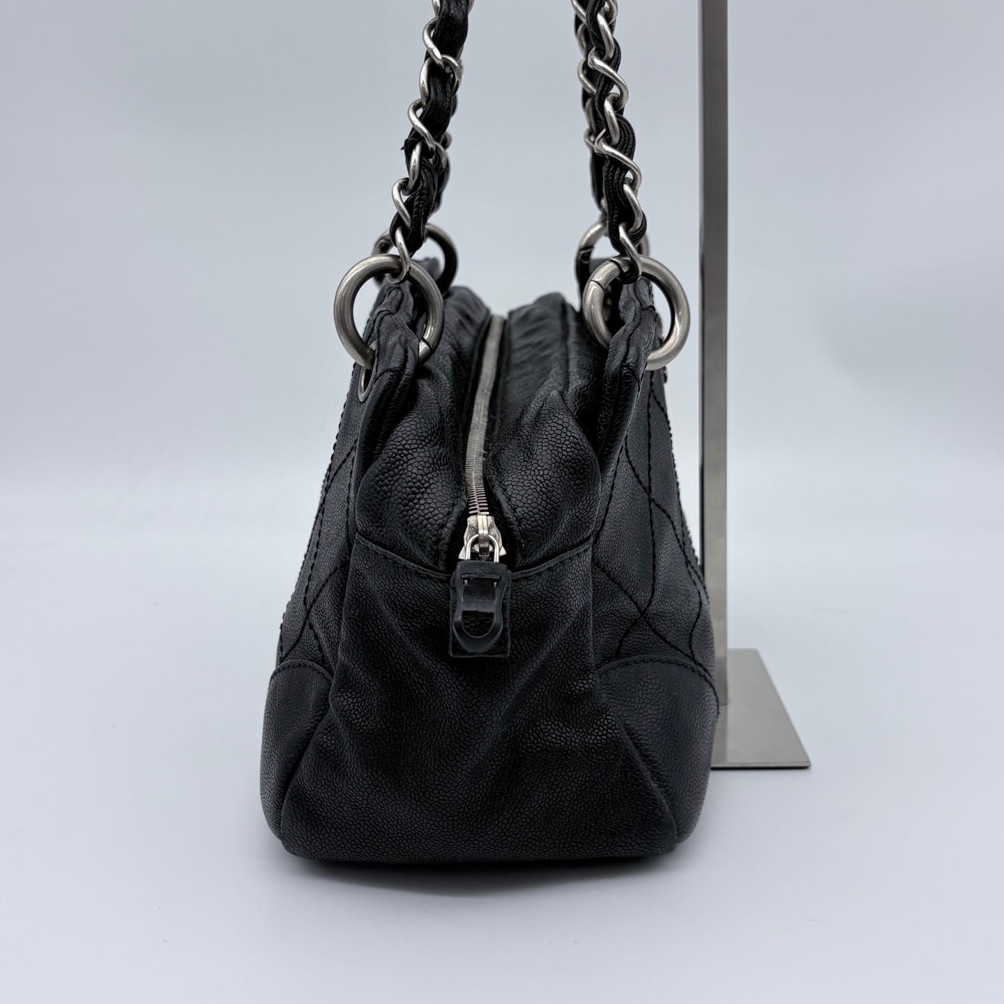 Chanel Quilted Boston Chain Bag Black Cowhide Leather Silver Hardware [Used]