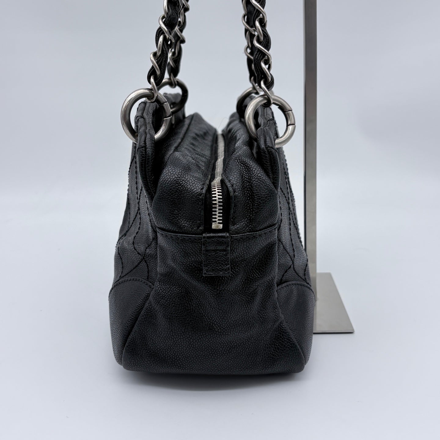 Chanel Quilted Boston Chain Bag Black Cowhide Leather Silver Hardware [Used]