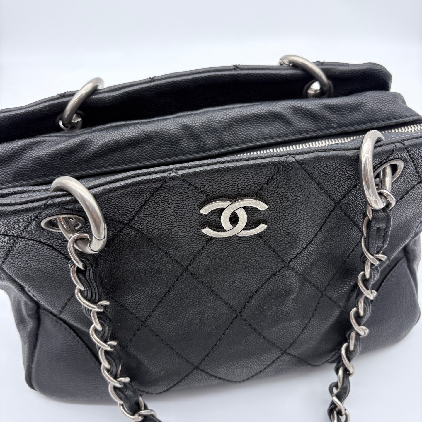 Chanel Quilted Boston Chain Bag Black Cowhide Leather Silver Hardware [Used]