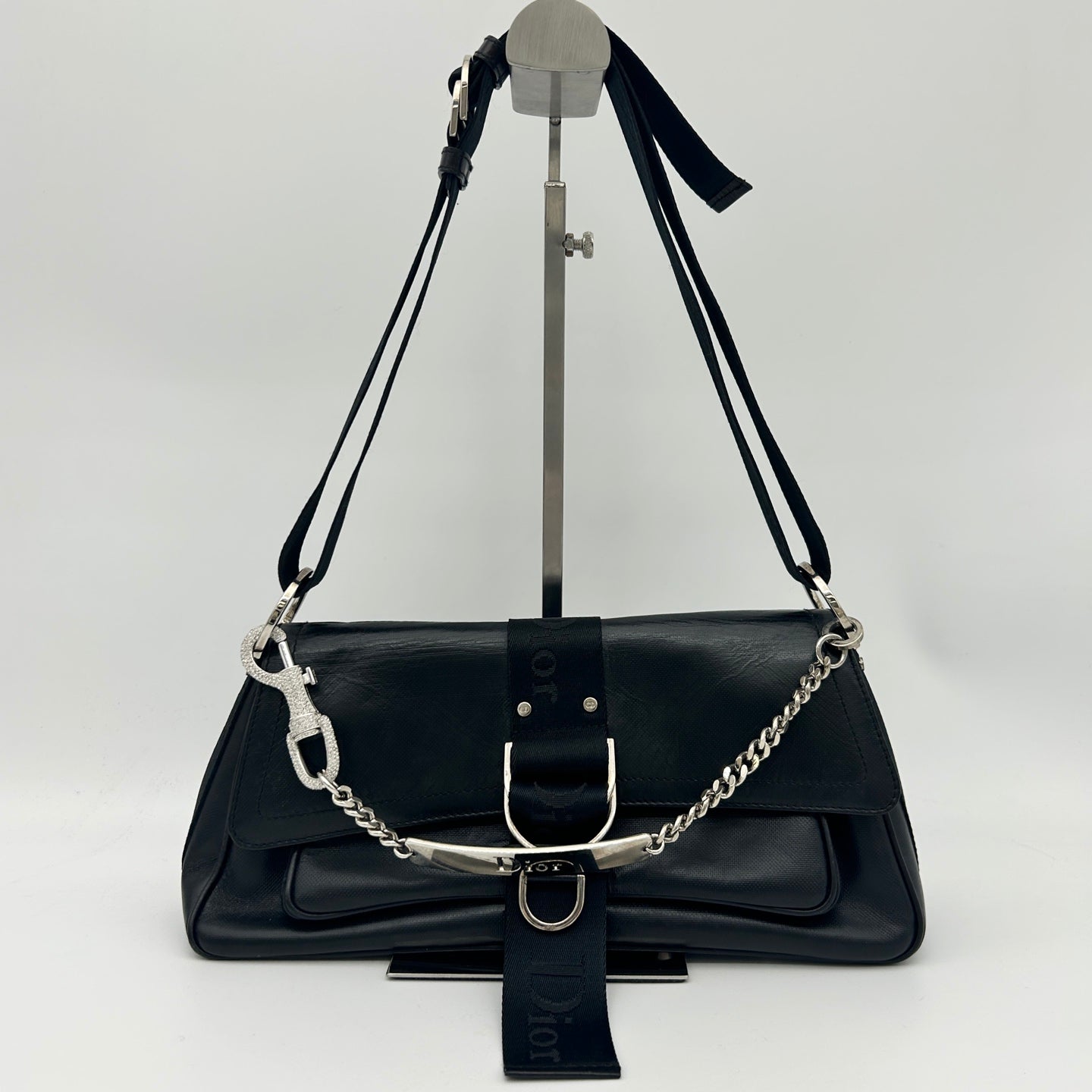 Dior Black Leather and Canvas Shoulder Bag Silver Hardware [Used]