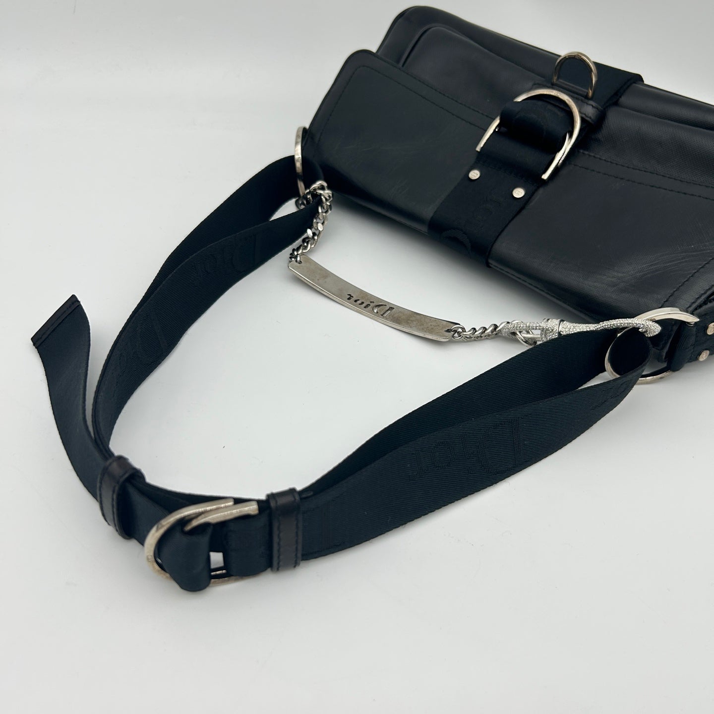 Dior Black Leather and Canvas Shoulder Bag Silver Hardware [Used]