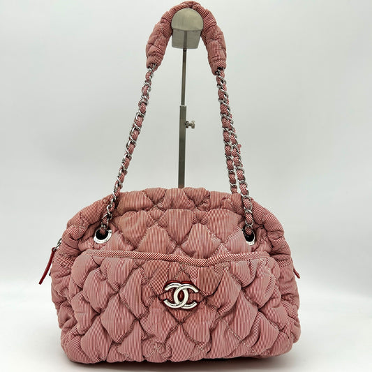 Chanel Pink White Striped Fabric Puffer Chain Tote Bag [Used]