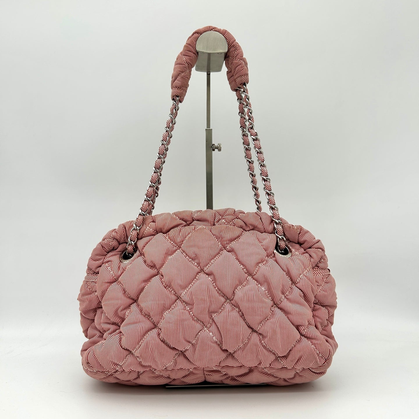 Chanel Pink White Striped Fabric Puffer Chain Tote Bag [Used]