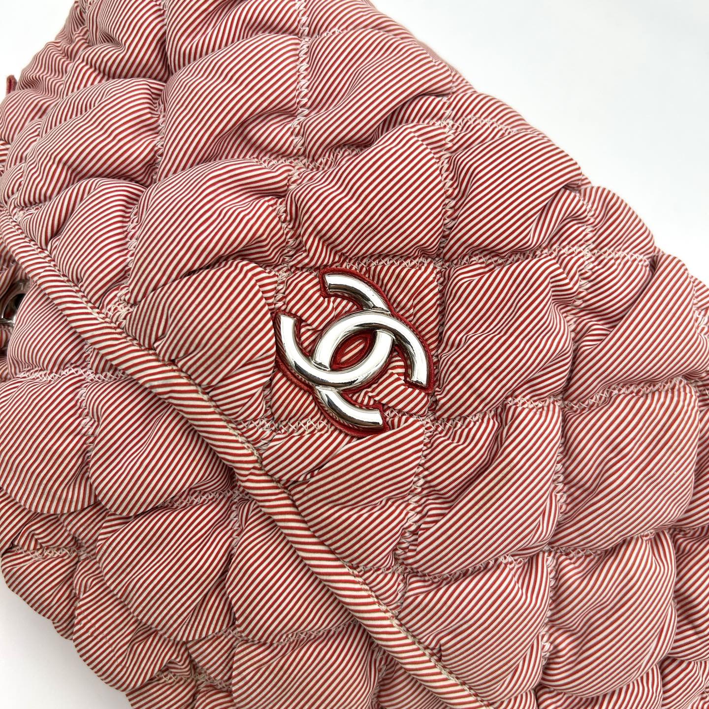 Chanel Pink White Striped Fabric Puffer Chain Tote Bag [Used]