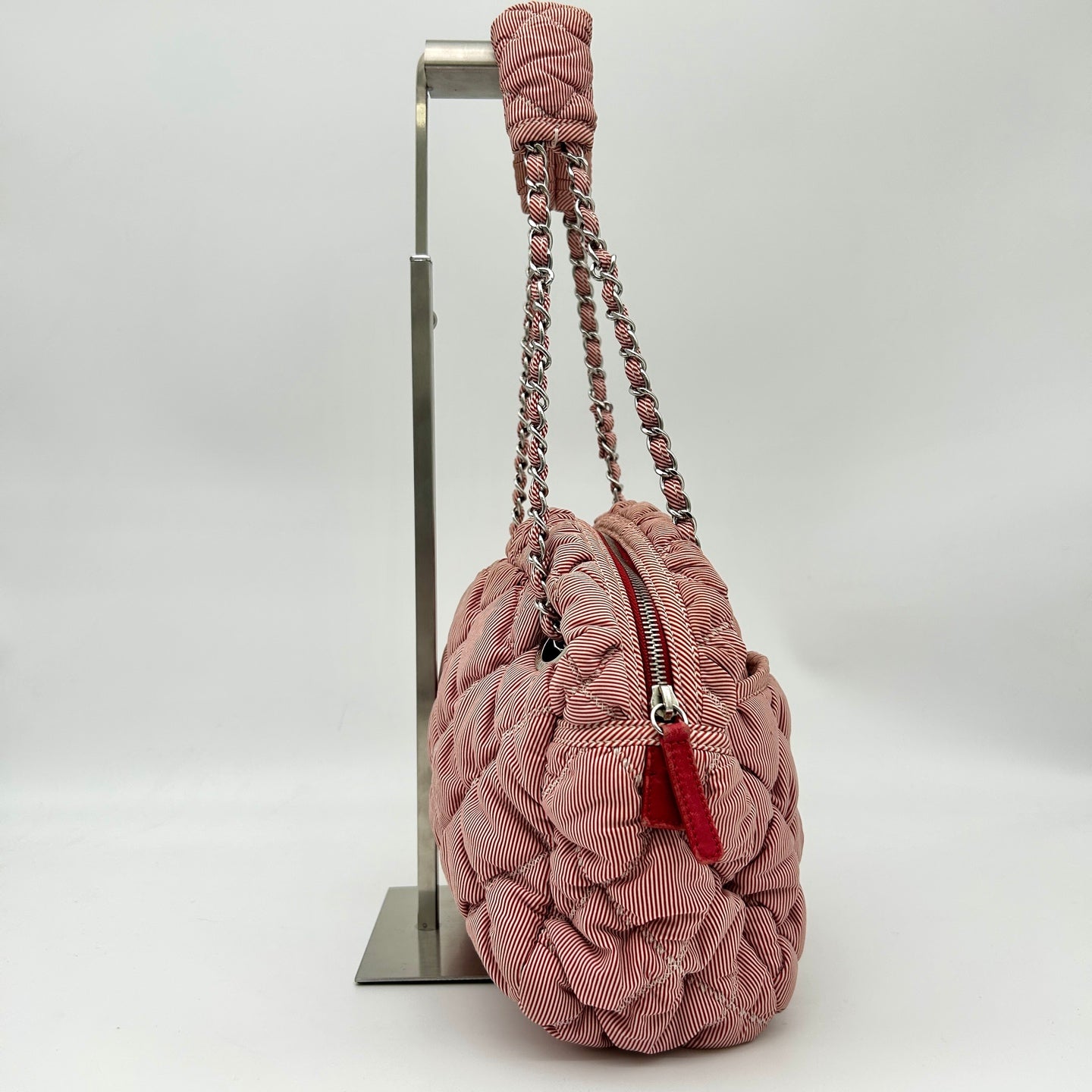 Chanel Pink White Striped Fabric Puffer Chain Tote Bag [Used]