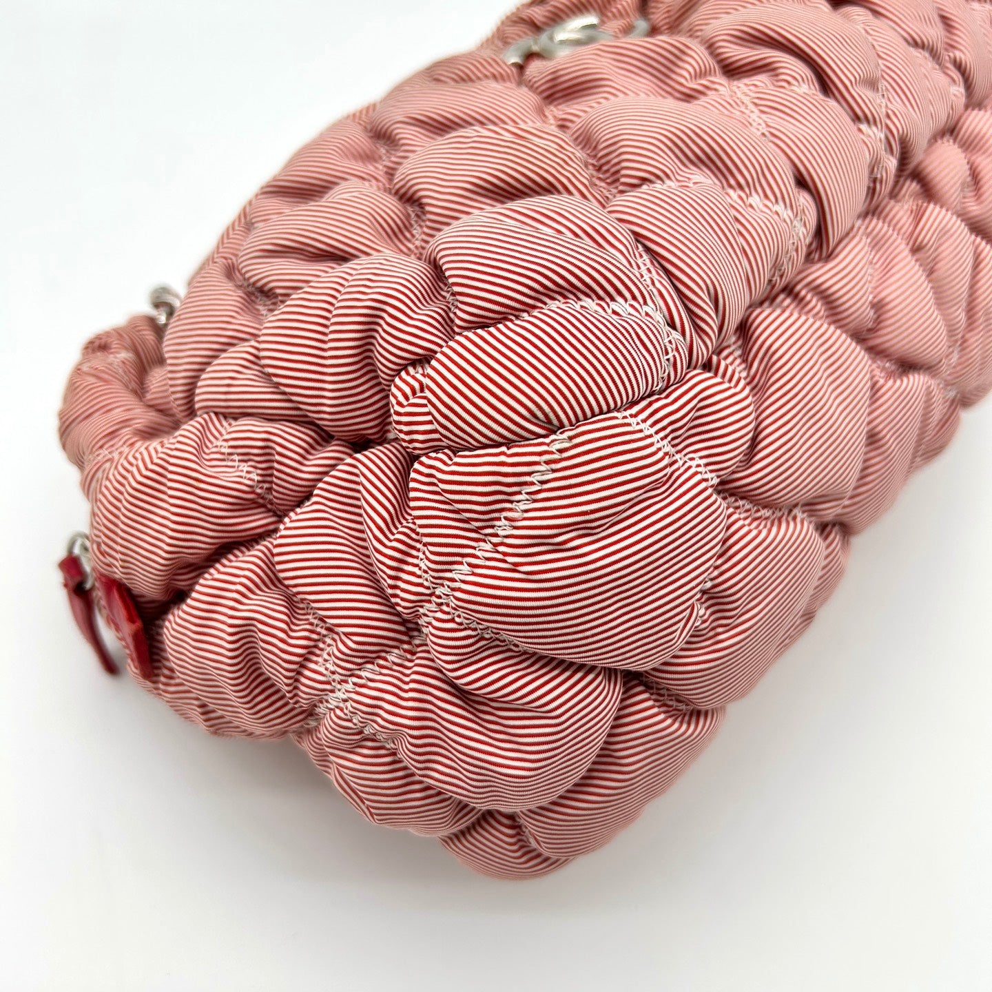 Chanel Pink White Striped Fabric Puffer Chain Tote Bag [Used]