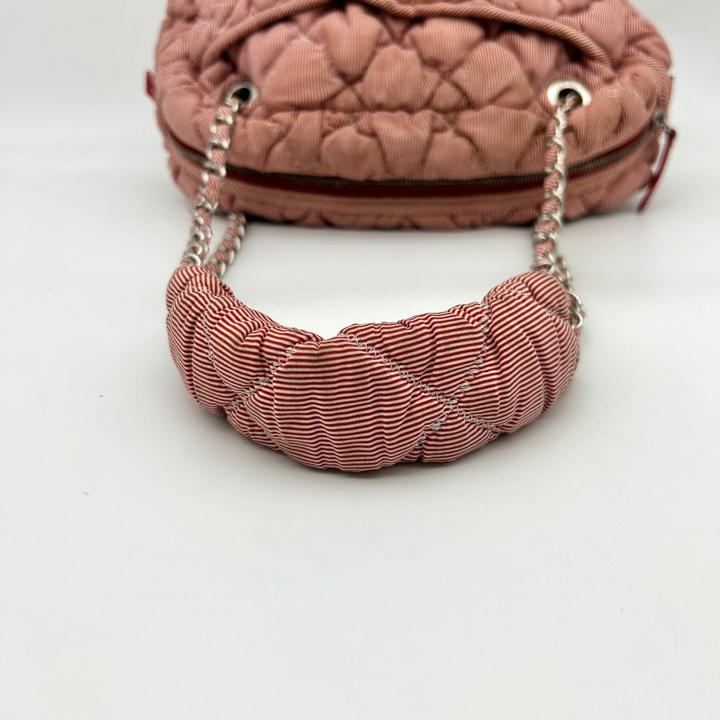 Chanel Pink White Striped Fabric Puffer Chain Tote Bag [Used]