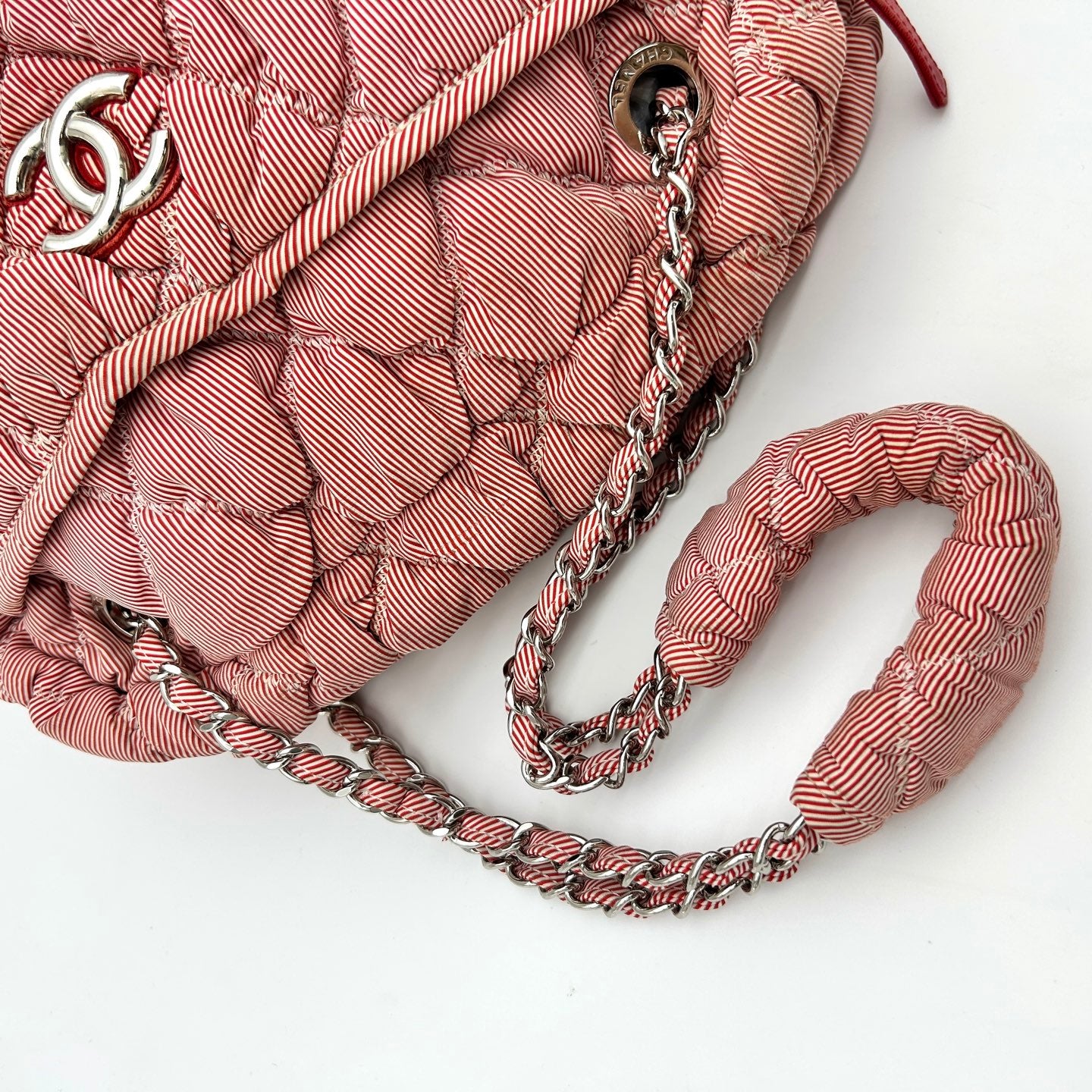 Chanel Pink White Striped Fabric Puffer Chain Tote Bag [Used]