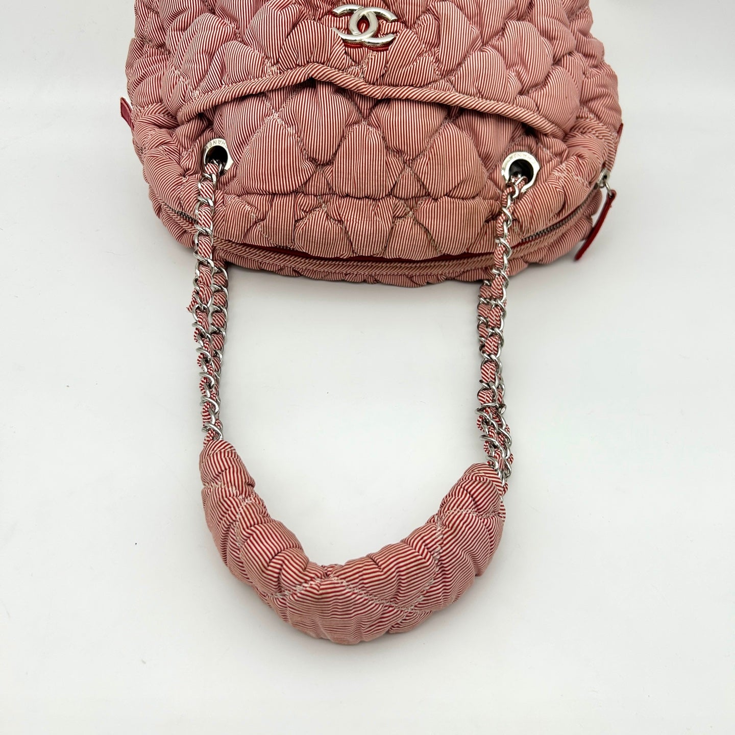 Chanel Pink White Striped Fabric Puffer Chain Tote Bag [Used]